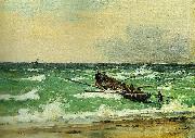 Martinus Rorbye fiskere fra skagen scetter en bad ud for gennem det oprorte hav at na en jagt i havsnod oil painting